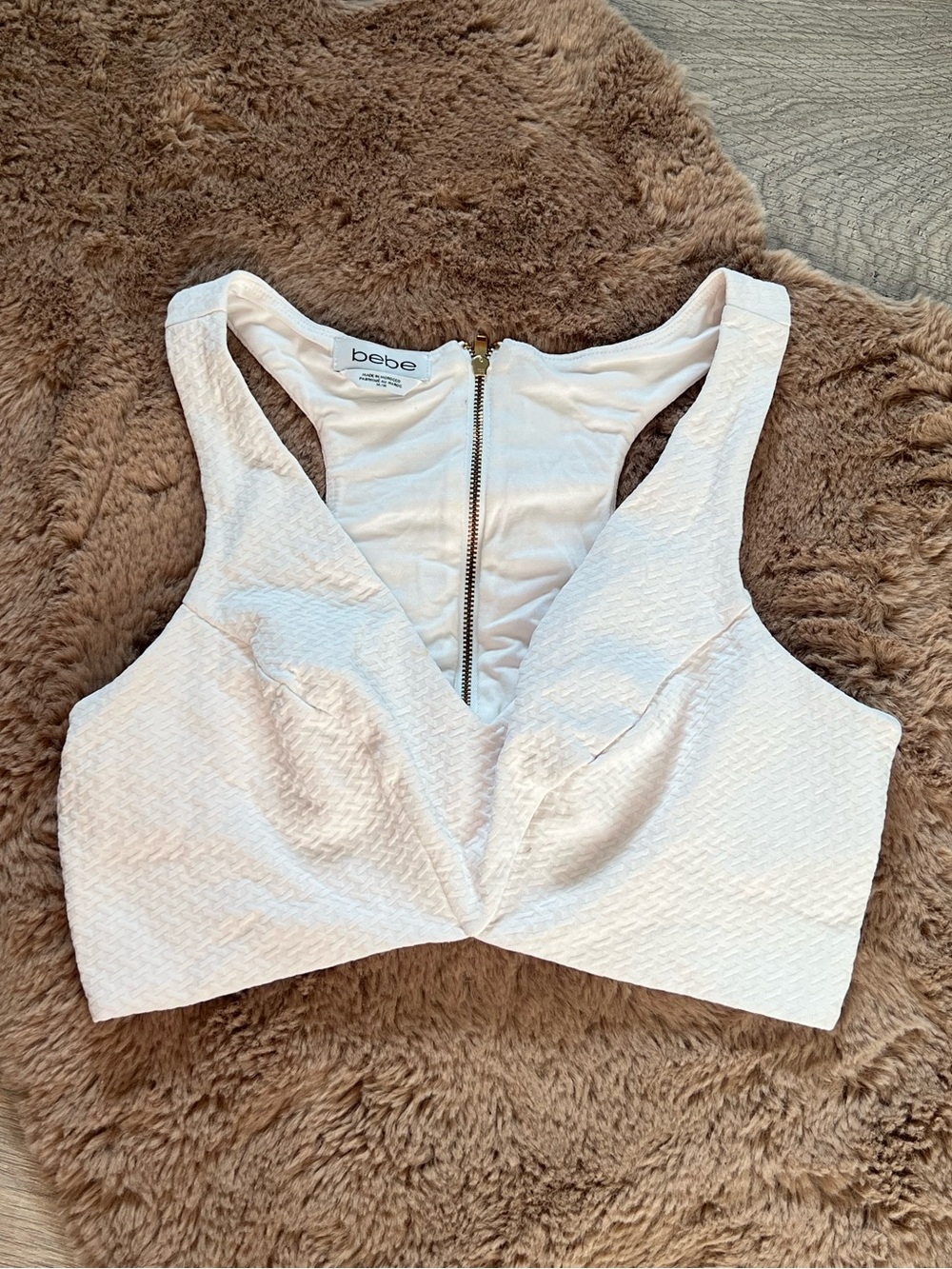 bebe Cream Textured Racerback Bralette with Back Zip